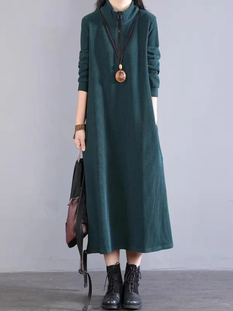 Elegant High Collar Long Loose Base Dress Versatile Slimming Wind Gentle Women's Polyester Fiber H Version A-Line Skirt