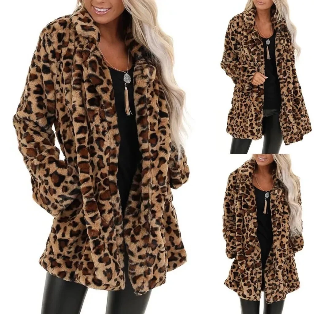 2024 europeo e americano stampa leopardo moda donna temperamento imitazione pelliccia con tasche sciolto peluche caldo cappotto marea.