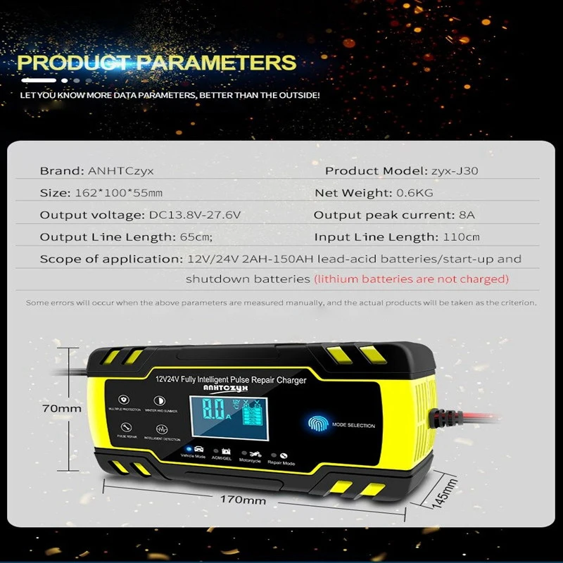 Anhtczyx Full Automatic Smart Battery Charger 12/24V 8A Pulse Repair Charger With LCD Digital Display Power Chargers