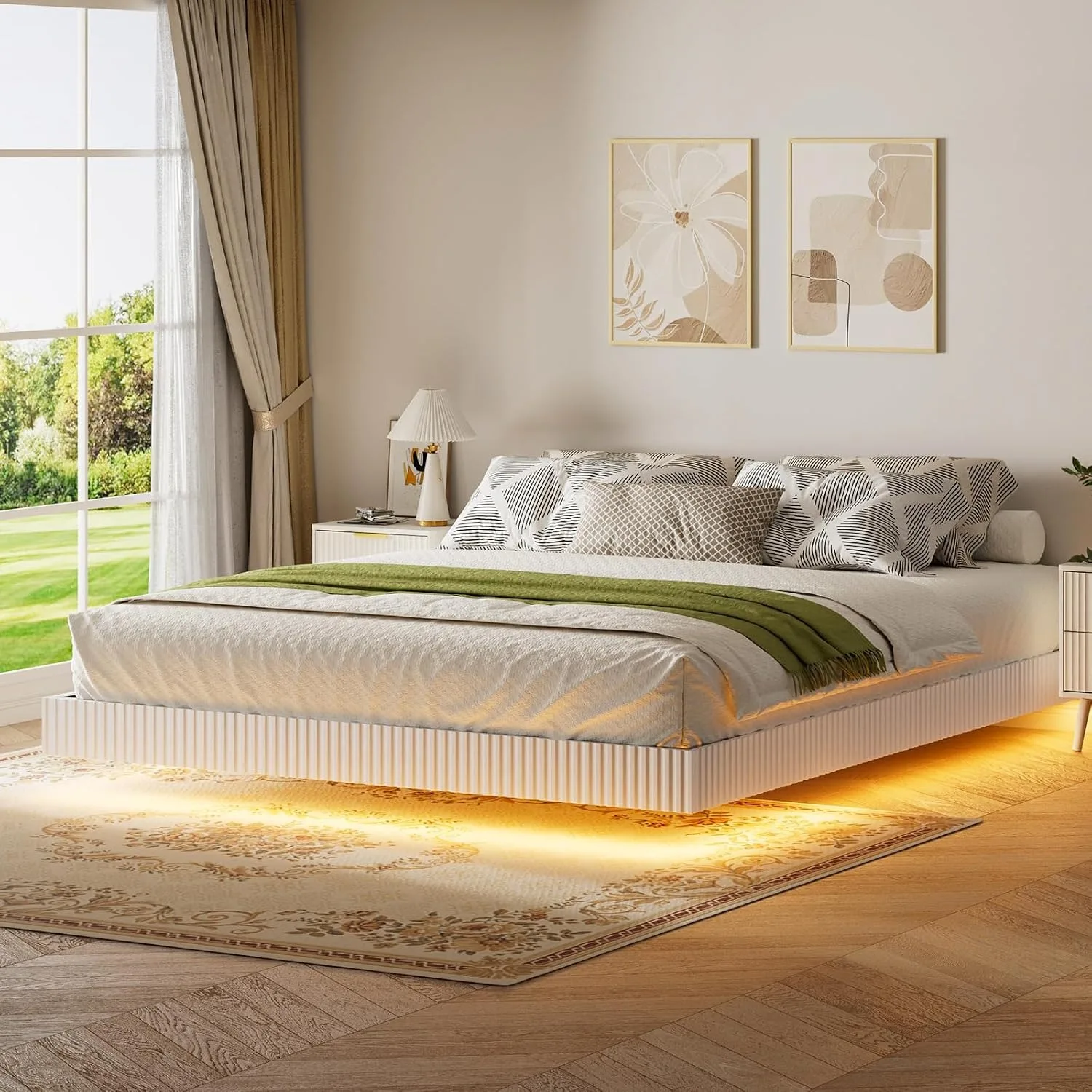 King Size Floating Bed Frame with Smart LED Lights, Modern Fluted White Platform Bed, Customized