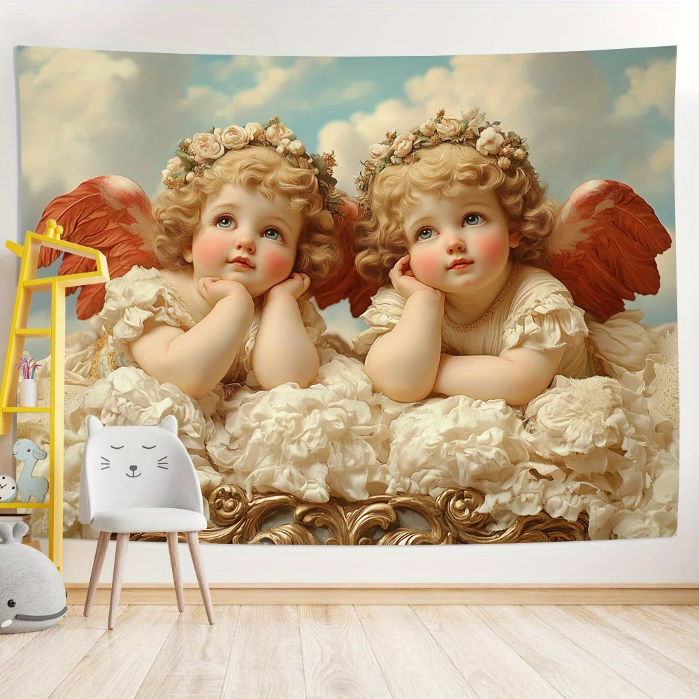 Sweet Cherub Angels Wall Tapestry Renaissance Cherubs Cupid with Flower Crowns Coral Wings Cloud Backdrop for Bedroom Nursery
