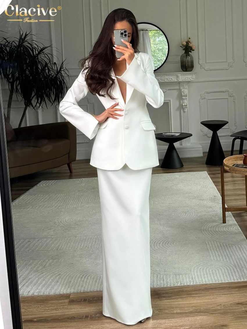 

Clacive Fashion Loose White Office Two Piece Outfits Woman 2025 Winter Long Sleeve Blazer With High Waist Maxi Skirt Set Female