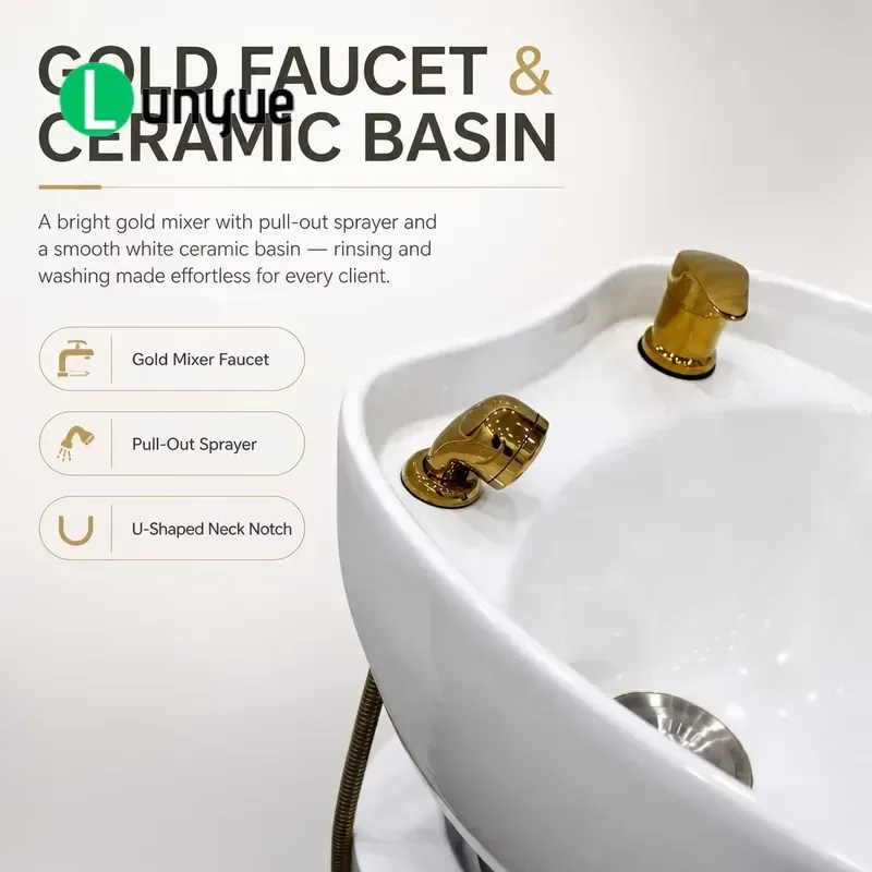 Shampoo Chair with White Ceramic Basin Beige Gold Faucet Retractable Foot Pedal Manual Adjustment for Hair Washing