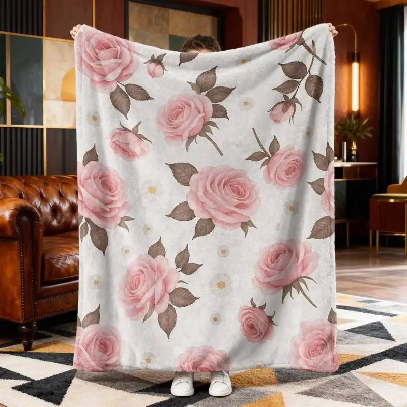 

Blush Pink Rose Floral Throw Blanket, Soft Cozy Flannel Blanket for Couch Sofa Bed, Romantic & Shabby Chic Gift