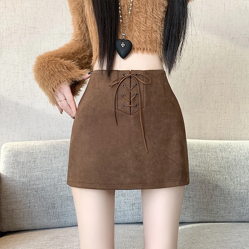 레트로 스파이시 걸 스웨이드 스커트, 끈이 달린 A라인 바디콘 스커트, 안티라이트 워킹 가을 겨울 신상품