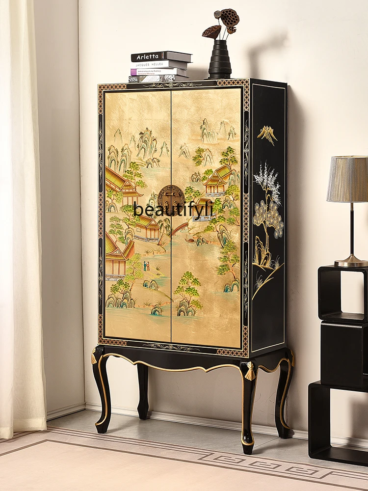 High-Leg Sideboard Cabinet New Chinese Style Light Luxury Solid Wood Wine Cabinet Integrated Wall Decoration Entrance Cabinet