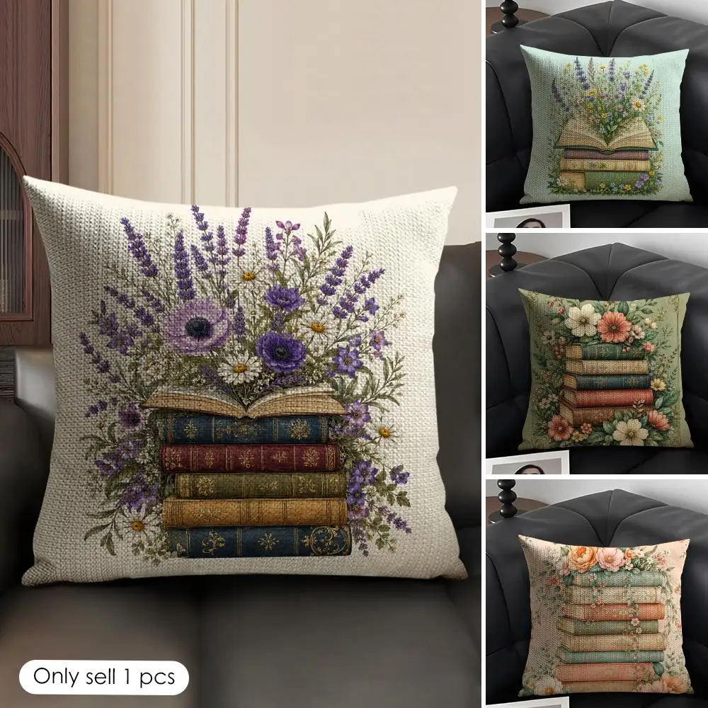 Floral Books Cushion Cover Linen Organic Fabric Double-Sided Printing Sofa Breathable Home Decor Gift Pillow Case