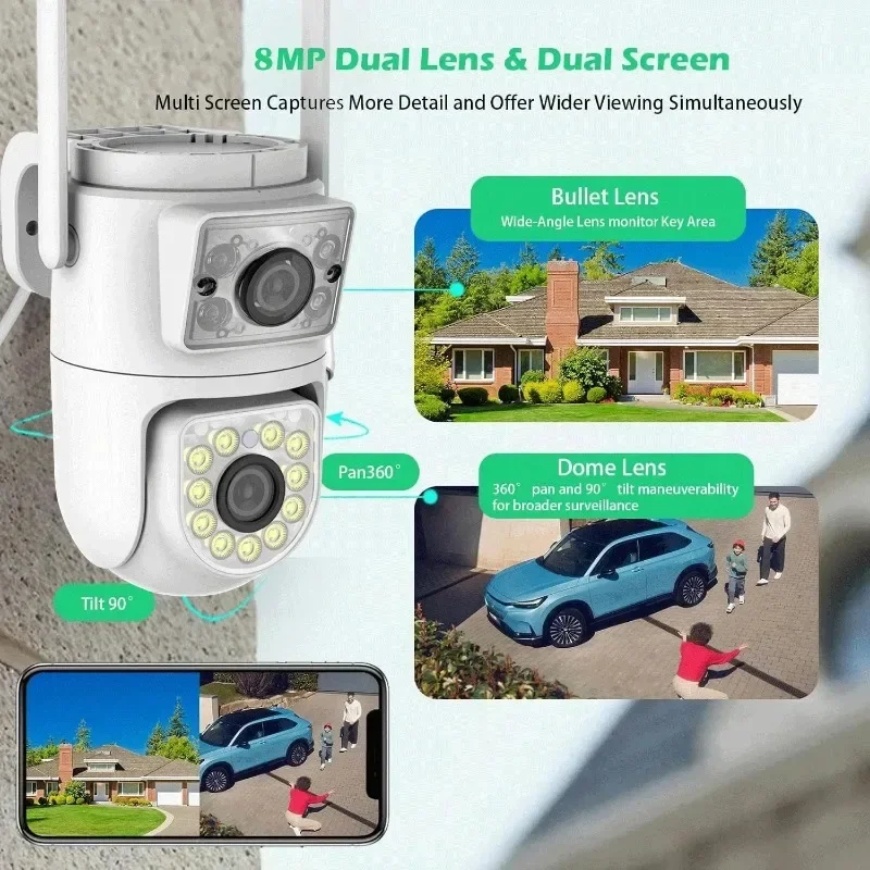 Dual Screen Camera HD Night Vision CCTV Video Surveillance 4K 8MP Dual-Lens PTZ WiFi Camera Smart Outdoor Home Security