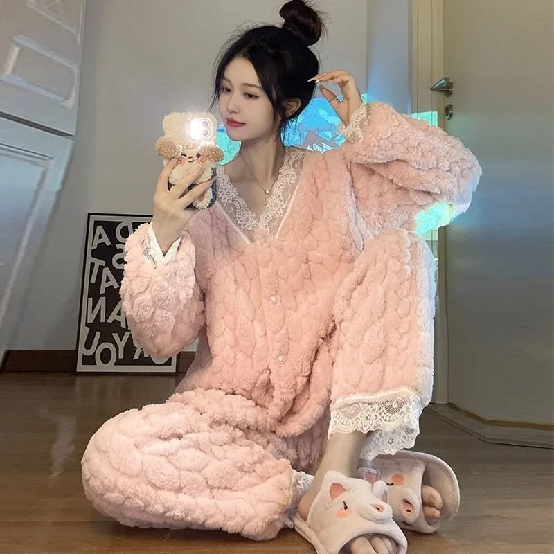 Autumn winter sleepwear women coral velvet two-piece set Cute Can be worn outside Sweet student style Heavy flannel loungewear