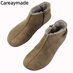 Careaymade-Handmade Wide toe Genuine leather short boots,female warm wool ankle boots,women Plus Size Casual bare foot flat shoe