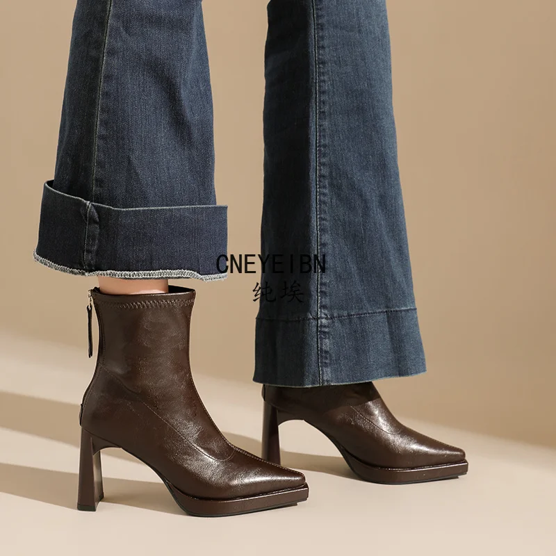 Botines de tacón grueso con punta afilada para mujer, con cremallera trasera, elásticos, ajustados, cortos, elegantes, de tacón alto, botas para mujer.