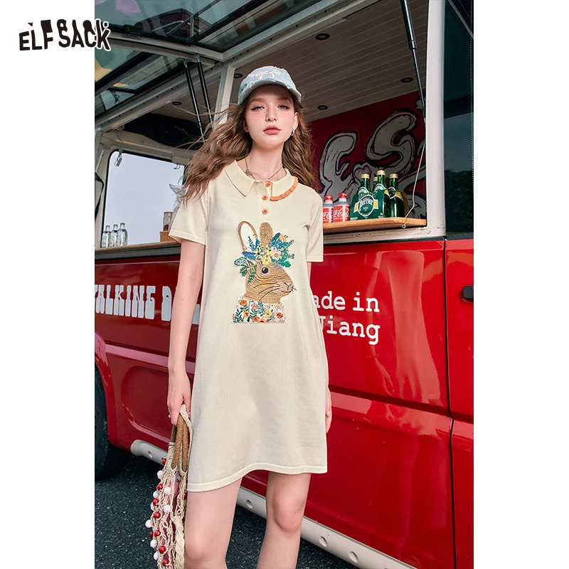 Elfsack 2024 Sommer Neuankömmlinge Polo Kragen niedlichen Kaninchen Print T-Shirt Kleid für Frauen