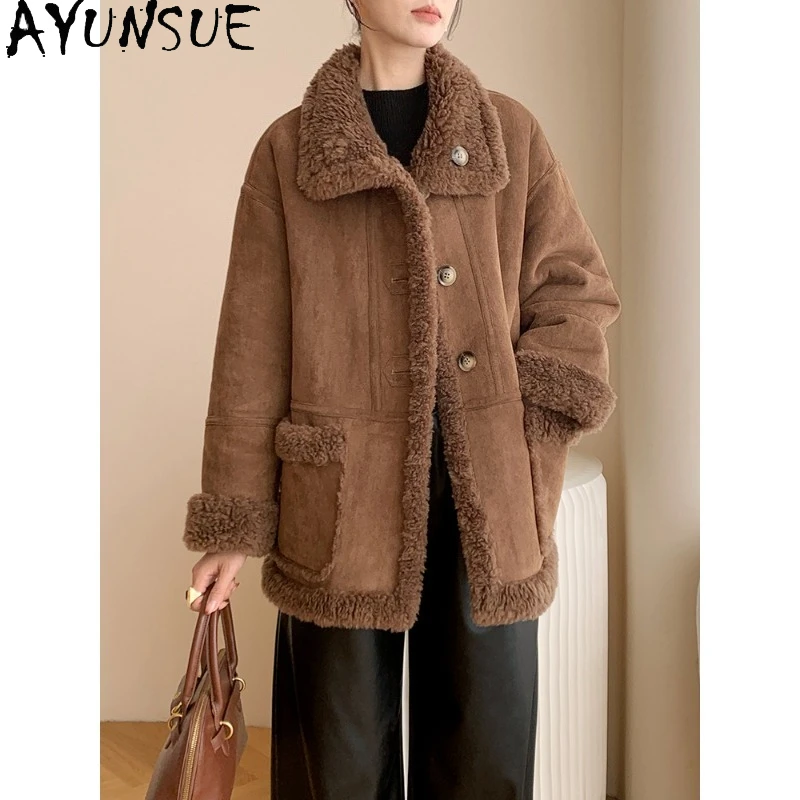 معطف صوف 100% من AYUNSUE للنساء عالي الجودة متوسط الطول سترة شتوية للسيدات معطف فرو قابل للعكس ملابس نسائية سترات دافئة