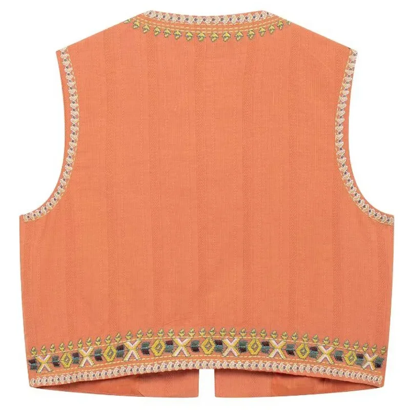 TRAF Top Women Embroidered Print Vest Tanks & Camis Summer Crop Sleeveless O-Neck Cardigan Vests For Women Casual Waistcoat 2024