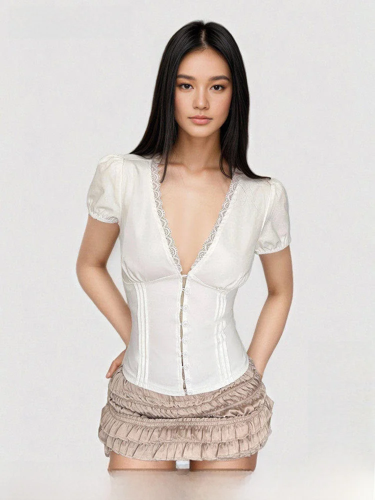 Sexy Lace Bubble Sleeve Shirt Low Chest V-neck Short Sleeve Waist Cinched White FUNOFF BM Style Women's Fashion Summer Top