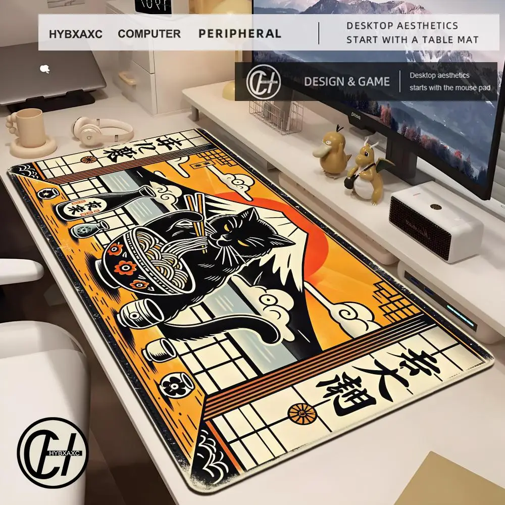 Kawaii Japanese Cat Eating Ramen Mouse Pad Gaming Non Slip MousePad Rubber Office Table Mats HD Keyboard Long Desk Mat