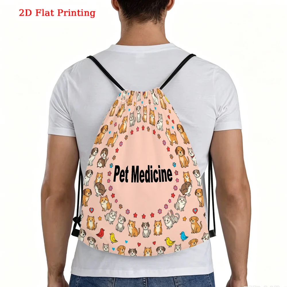 Cute Pet Medicine Cartoon Cats Dogs 2D Printing Drawstring Backpack Fitness Sports Outdoor Travel Bag