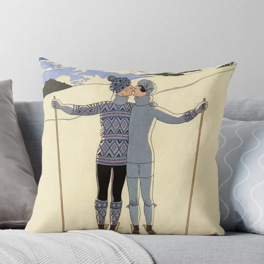 

Skiing kissing couple vintage French sport fashion illustration Throw Pillow Rectangular Cushion Cover sleeping pillows Pillow