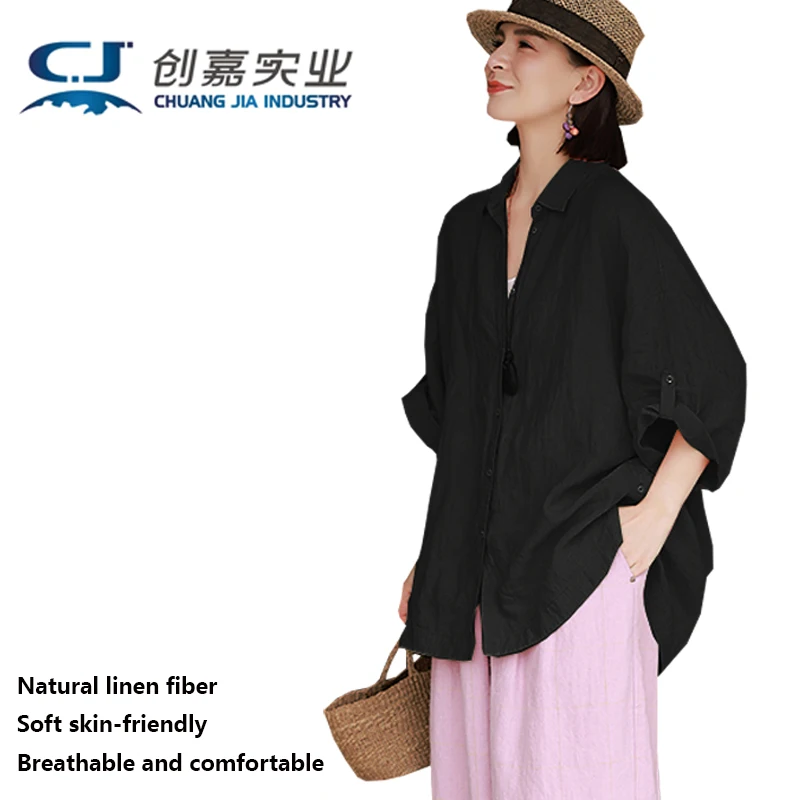 

Linen Women's Seven-quarter Sleeve Shirt Spring and Summer Pink Loose Outdoor Fashion Street Wear Light Luxury Women's Clothing