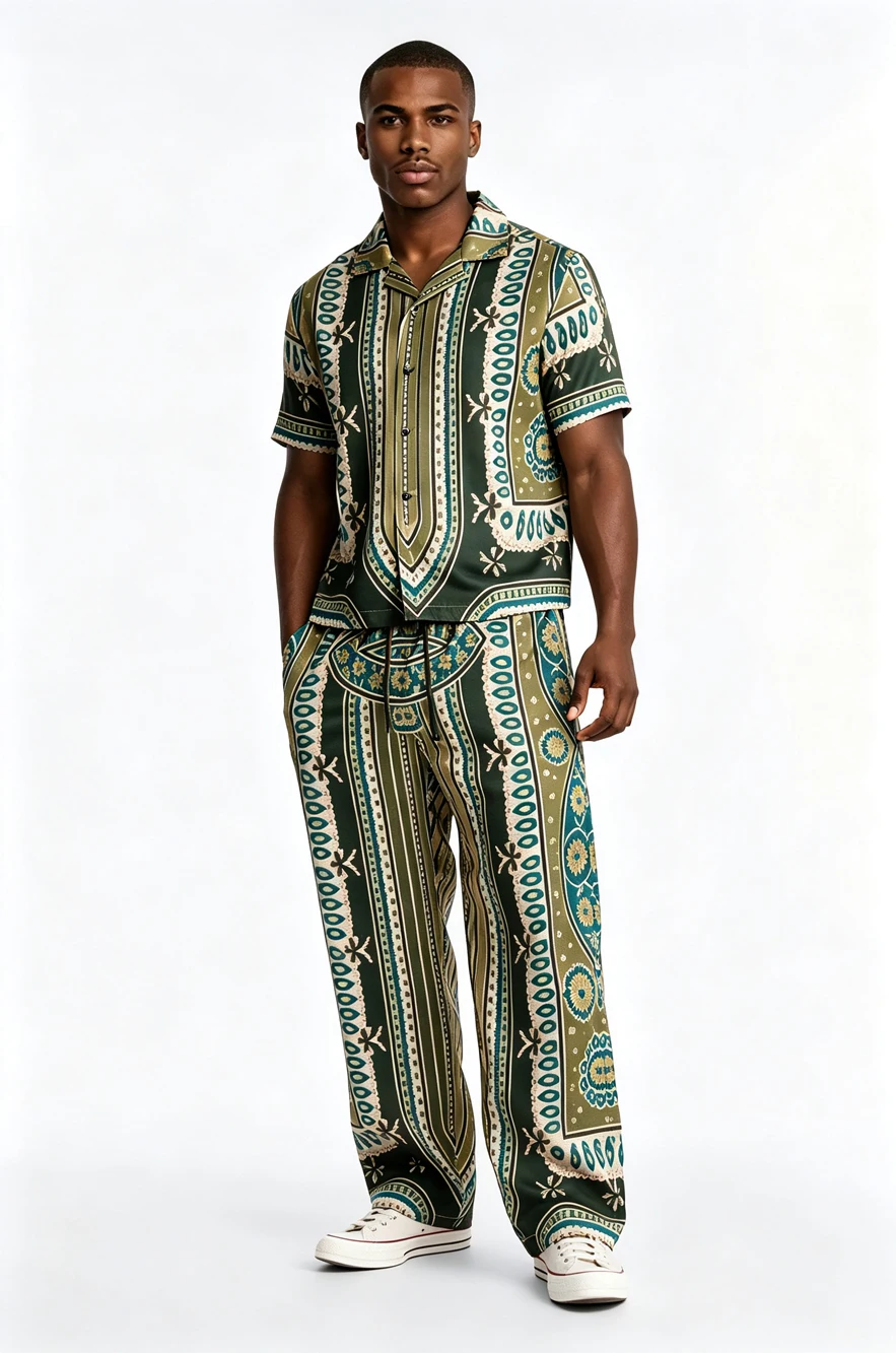 Men's Summer New Short-Sleeve Long Pants Set with Natural Ethnic Pattern Print for Festival Party Vacation Wear Fast Shipping