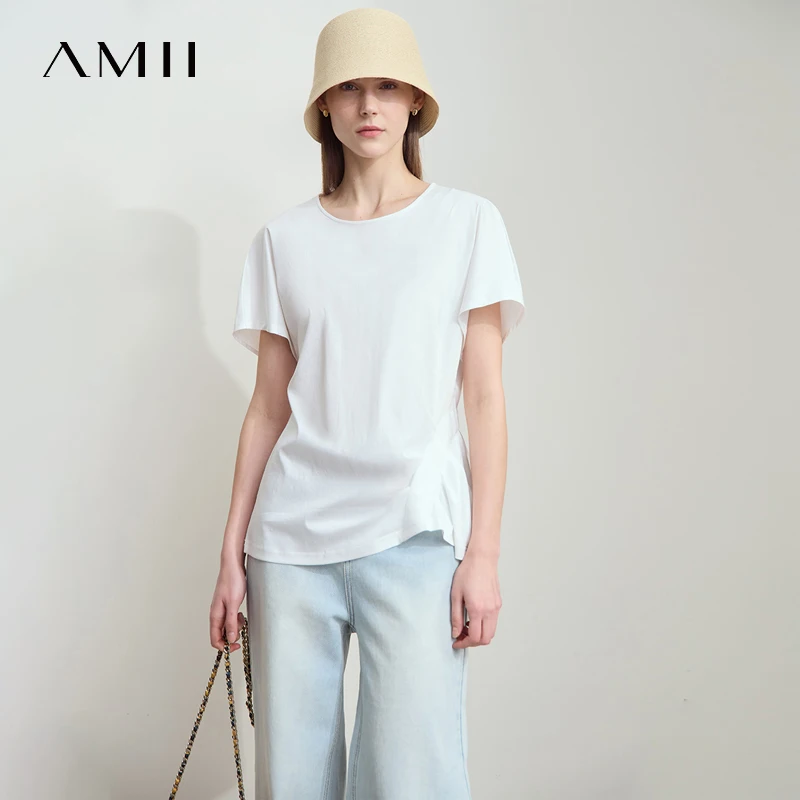 AMII Summer T-shirts For Women 2026  New Solid Cotton Casual Short Sleeve O-Neck Ladies Tops Fashion Asymmetric T-shirt 12552082