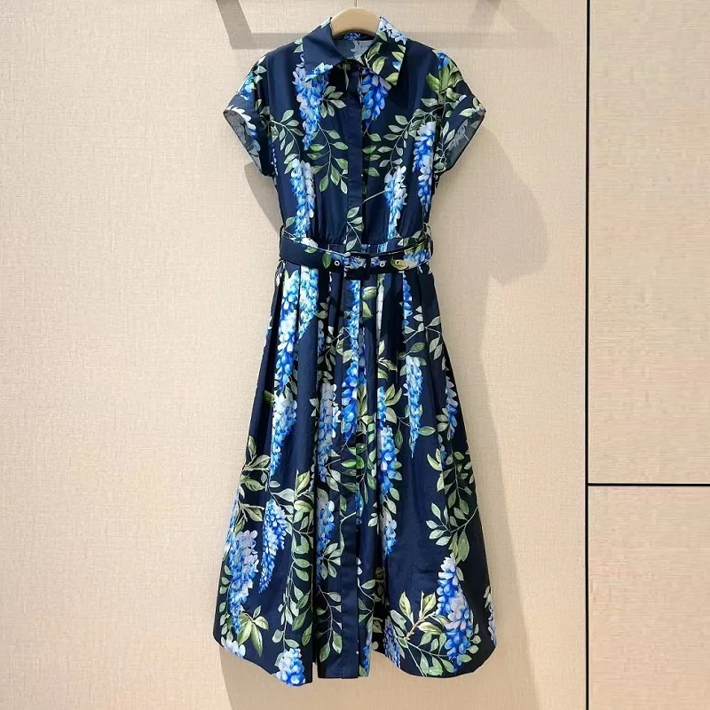 Top Quality New Fashion Designer Dress 2025 Spring Women Turn-down Collar Charming Floral Print Short Sleeve Dark Blue Dress XL