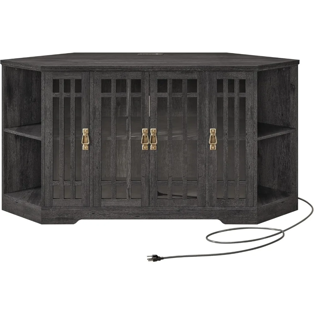 

Corner TV Stand for TVs up to 60 Inch with Power Outlet, Corner Entertainment Center with Storage Cabinet and Glass Doors