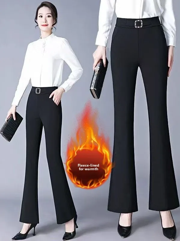 

plus Size Autumn Winter Thickened Fleece Lined Micro Flared Pants High Waist Draping Suit Pants for Mom Casual Comfortable Warm