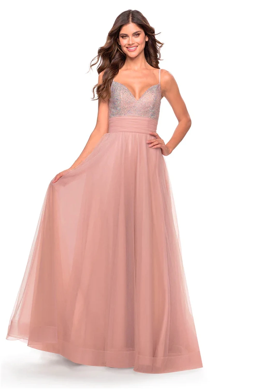 Tulle Pleated Sleeveless V Neck Italian Straps Evening Women's Formal Occasion A Line Prom Dresses with Diamond Floor Length