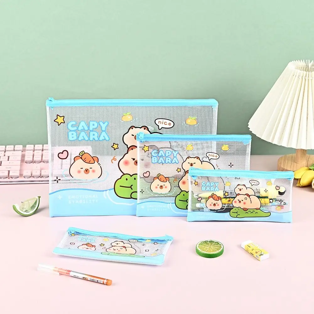 

3PCS Cartoon PVC Mesh File Bag Capybara Large Capacity Zipper Pen Bag A4/A5/A6 Transparent File Organizer