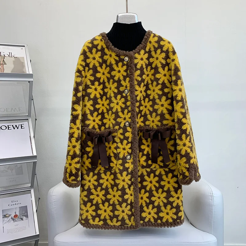 Casaco longo de ovelha shearling padrão floral feminino, sobretudo de pele de cordeiro quente para senhora, casaco de inverno feminino, JT3272