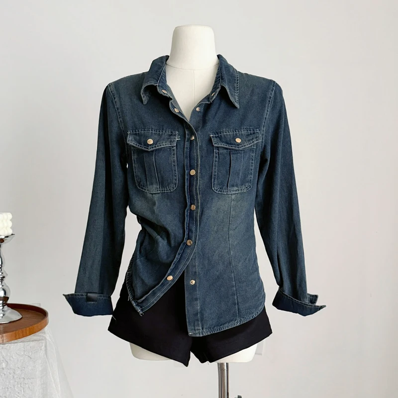 Denim Jacket For Women Vintage Single Breasted Lapel Long Sleeve Jackets Fashion Female High Street Outerwear Denim Coats