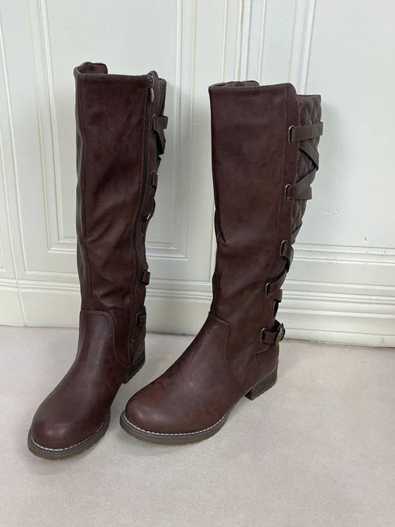 

Модные женские сапоги с круглым носком, однотонные, с ремнем, на массивном каблуке, высокие, осенне-весенние, из искусственной кожи.