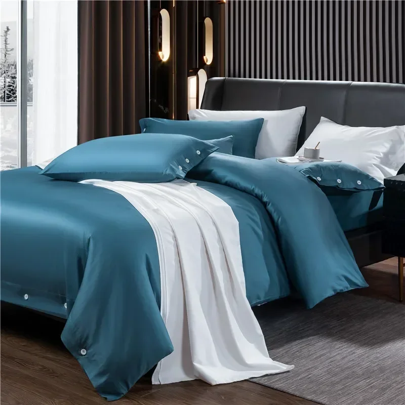 

5 star hotel Solid color Bedding set Queen King size Cotton Bed sheet spread set with Buttons Satin Bed Duvet cover pure color