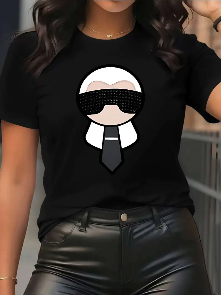Cartoon Art Alphabet Print Women's Casual Short-Sleeve T-Shirt Round Neck Loose Fit Fashionable Design Must-Have for Shopping