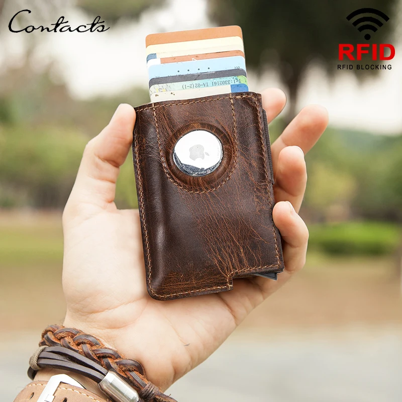 CONTACT'S Genuine Leather Card Wallet Retro Design Rfid Protection Mini Card Holder Credit Card Bag