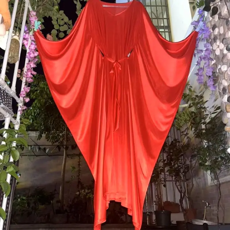Men Women Sexy Glossy Satin Soft Silky Touch Long Dress Batwing Sleeve Loose Night Dress Plus Size Sleeping Robe