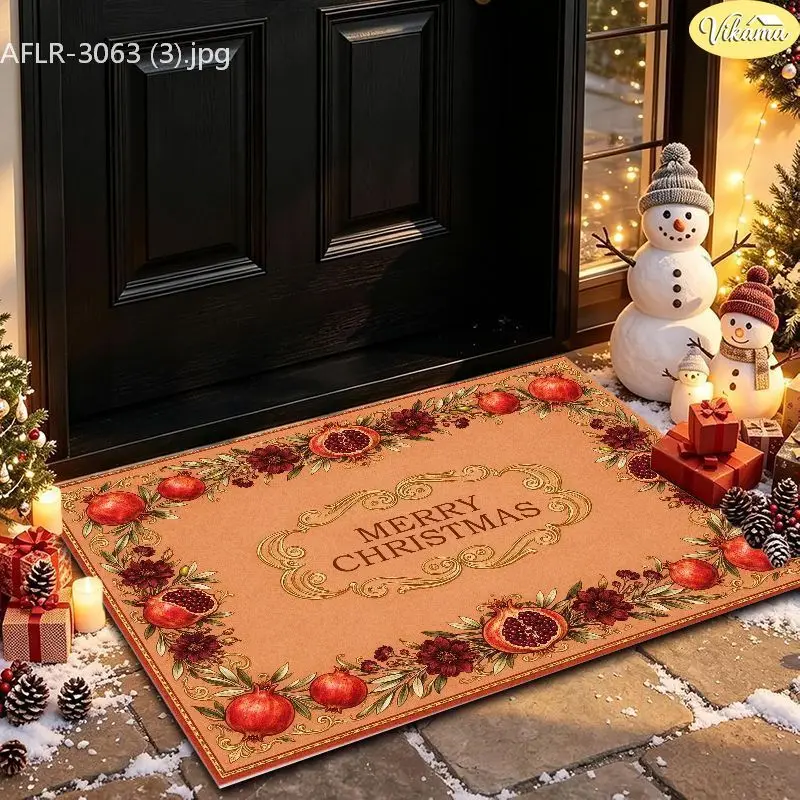 VIKAMA Pomegranate Fruit Border Entryway Rug Non Slip Low Profile Mats for Outside Front Door Xmas Winter Decor Washable
