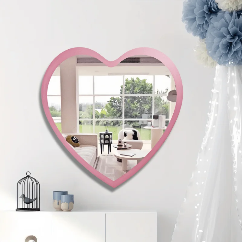 Romantic Acrylic Wooden Double-Layer Pink Heart-Shaped Mirror Simple Elegant 12inch Makeup Mirror Wall Mirror Decorate Gifts