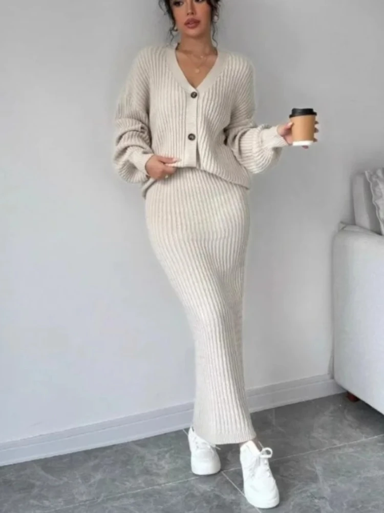Cardigan ample pour femmes, ensemble deux pièces, manches longues, col en v, veste pull, jupe serrée aux hanches, ensemble tricoté élégant, nouvelle collection automne hiver