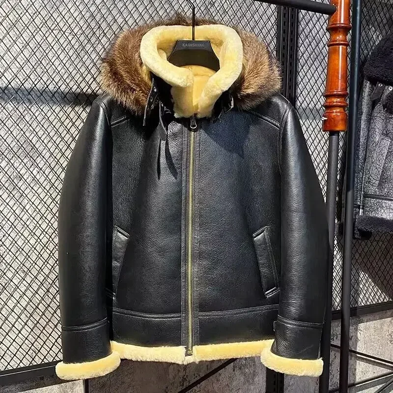 New Winter 2024 Men Genuine Sheepskin Shearling Leather Coat Pilot Jacket B3 100% Wool Liner Real Raccoon Hooded Black XXXXXXXL