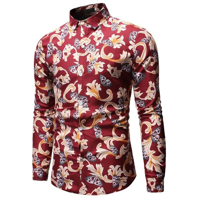 New Fashion 3D Flower Printed Shirt Men's Loose Lapel Button Shirt Men's Simple Formal Long Sleeve Xmas Christmas Shirt Top
