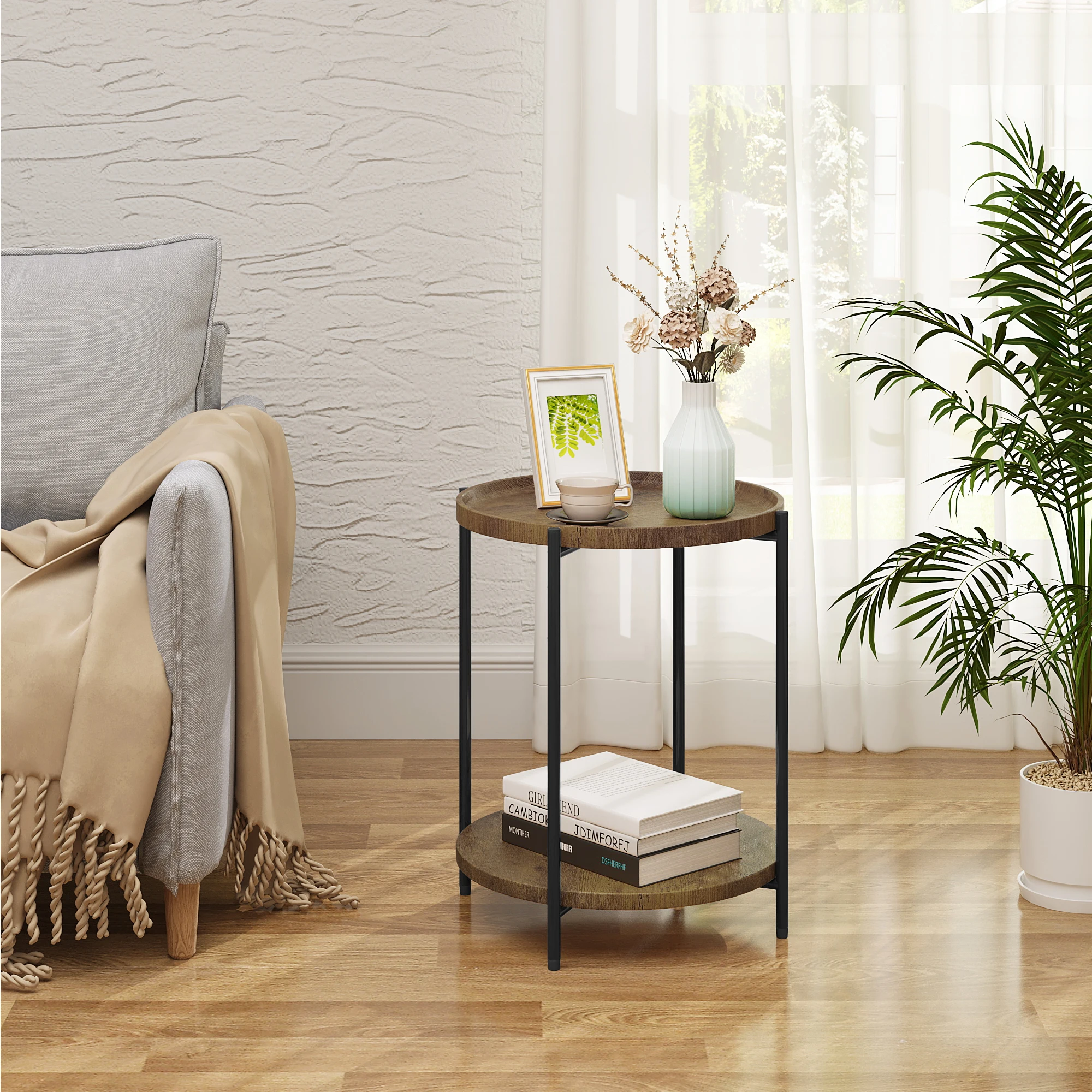 Ronde salontafel met 2 planken, verwijderbaar tafelblad, bank, telefoon, thee, nachtkastje voor woonkamer, slaapkamer, thuis