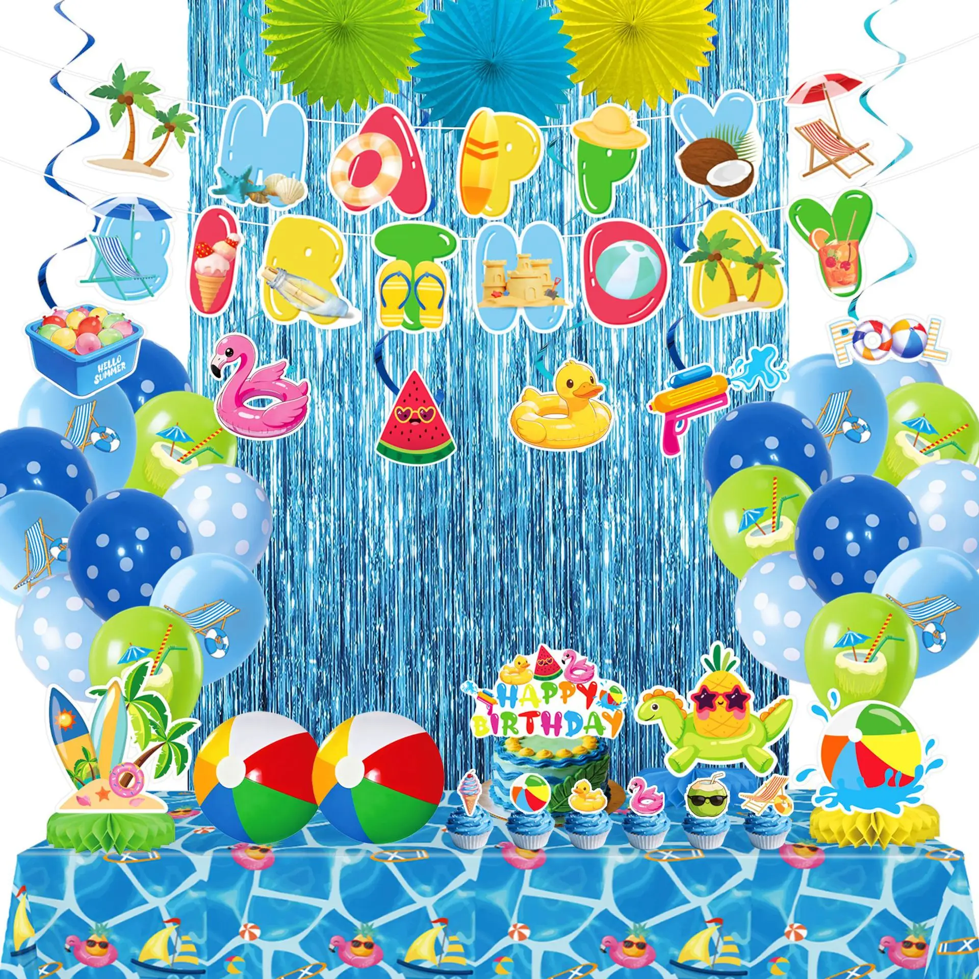 

Summer Pool Theme Party Decor Swimming Pool Beach Flamingo Coconut Trees Banner Cake Toppers Happy Hawaii Birthday Party Decor