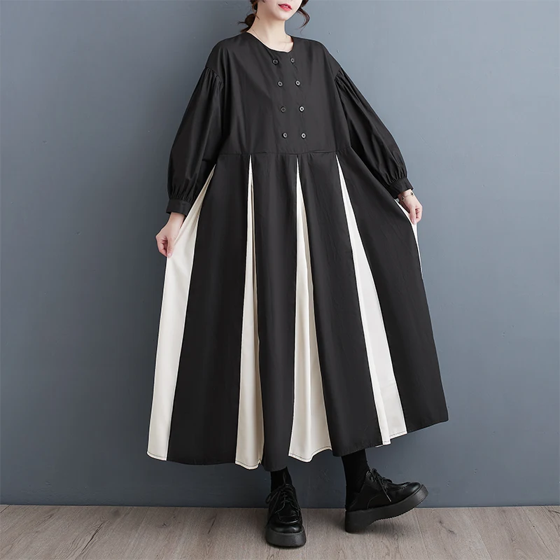 

#4075 Spliced Color Long Shirt Dress Women Round Neck Buttons Vintage Pleated A-line Dress Ankle-length Retro Long Dress Ladies