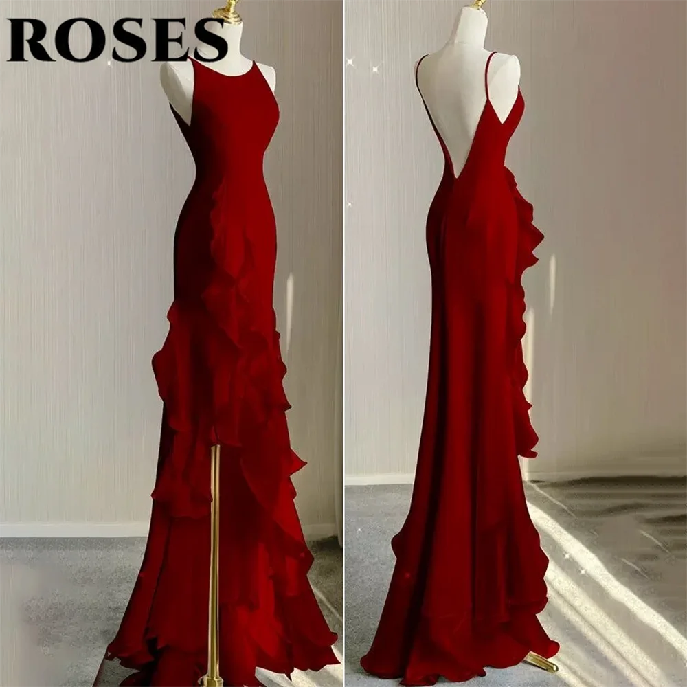 ROSES White Mermaid Evening Dress Chiffion Sleeveless O-Neck Charming Prom Dresses Pleats Split Party Dress vestidos de noche image 6