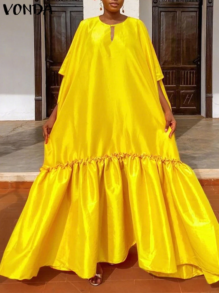 فوندا الصيف فستان طويل للحفلات المرأة نصف كم الساتان ماكسي فستان الشمس 2025 تكدرت أنيقة الصلبة عادية جوفاء فيستدوس المتضخم