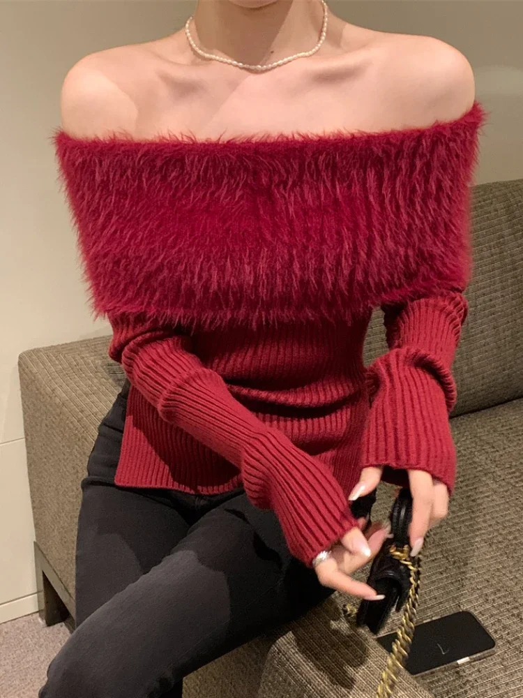 Sweaters Women Slim Sexy Temperament Side Slit Panelled Prevalent Slash Neck Advanced Streetwear Holiday Elegant Off Shoulder