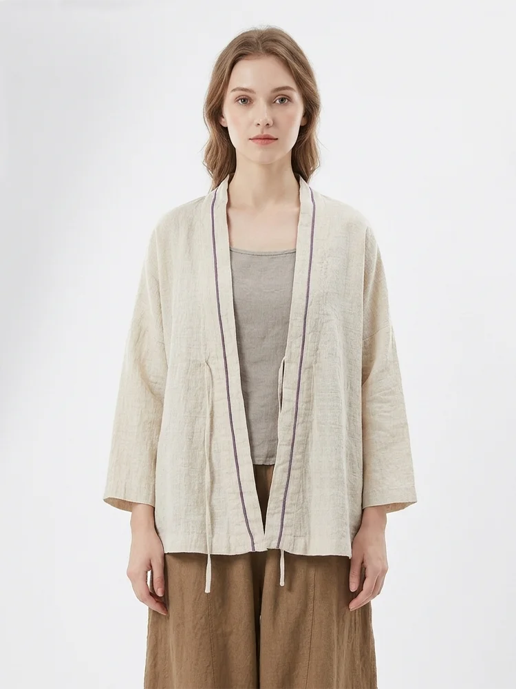 

Women's Ramie Open-front Cardigan Jacket Japanese Minimalist Piping Tie Front Kimono Shirt