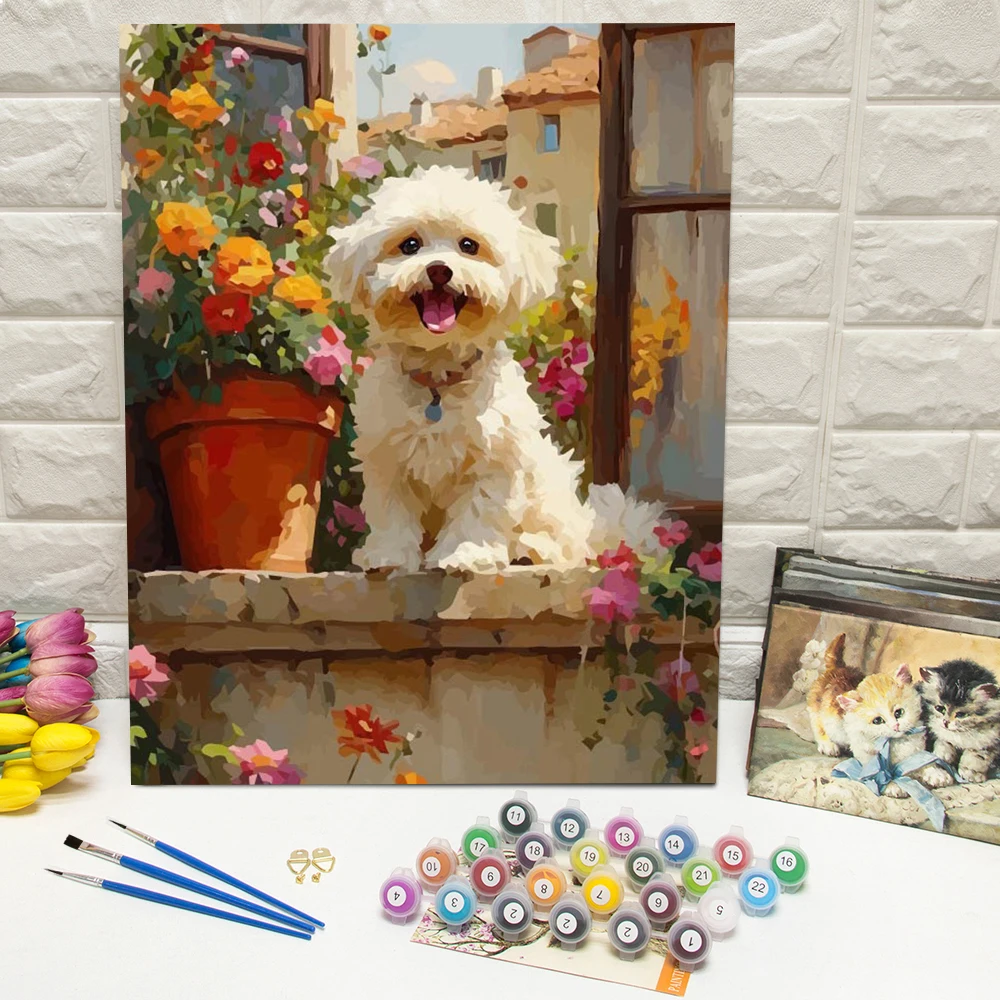 Huacan DIY Digitales Ölgemälde Hund Tier Malen nach Zahlen Blumen Welpe Zeichnung auf Leinwand Heimdekoration für Wohnzimmer